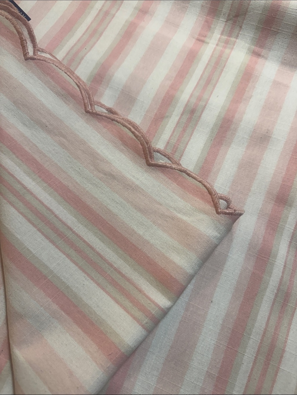 Jonathon Adler Soft Pink Stripe Scalloped shower curtain.